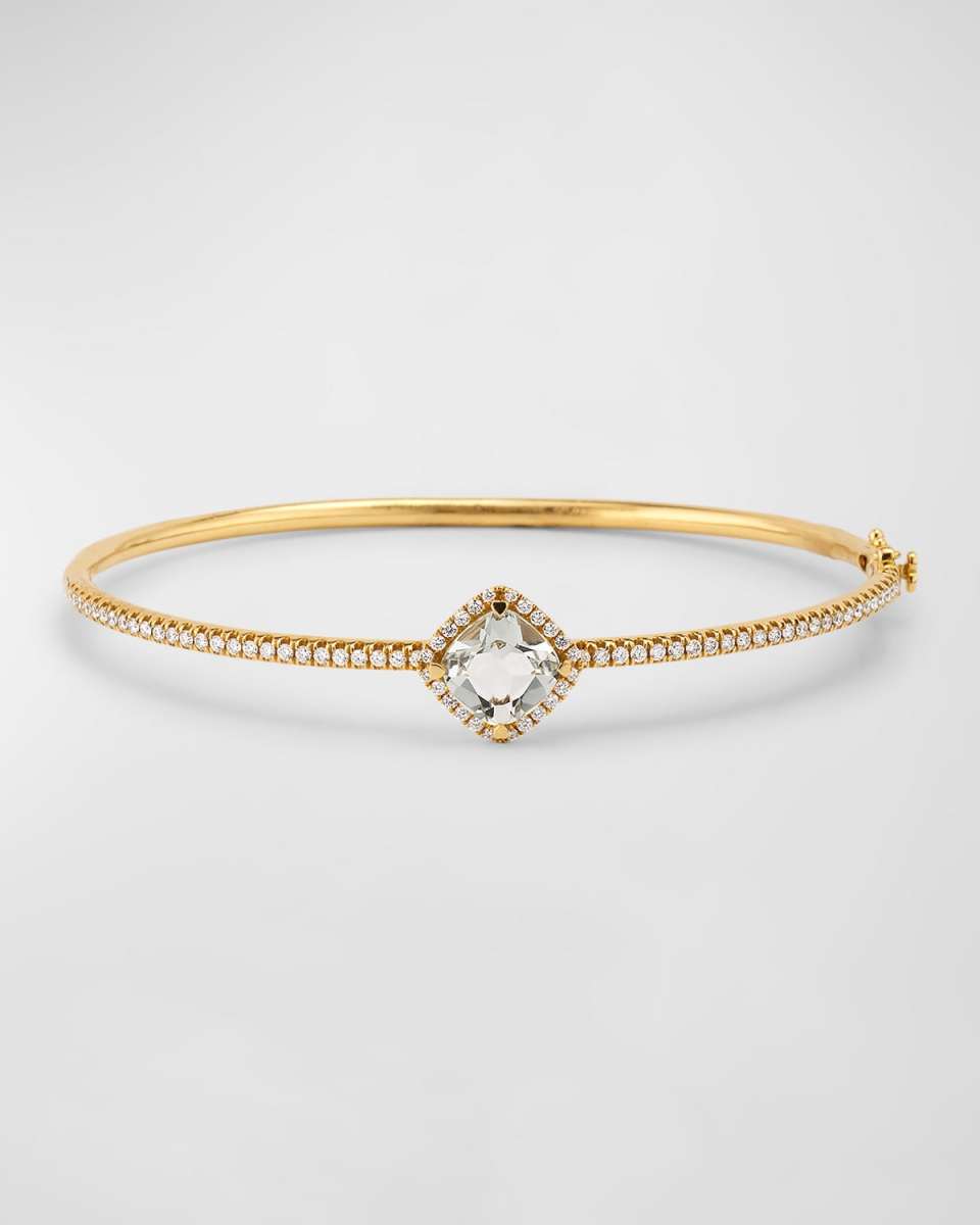 Rocks 18K Yellow Gold Petite Cushion Cut Green Quartz and Diamond Halo Bangle Bracelet