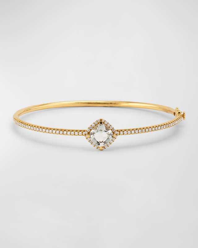 Rocks 18K Yellow Gold Petite Cushion Cut Green Quartz and Diamond Halo Bangle Bracelet