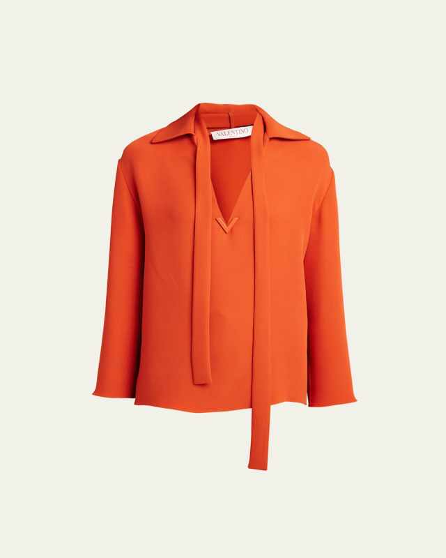 Scarf-Neck Georgette Silk Blouse with V-Logo