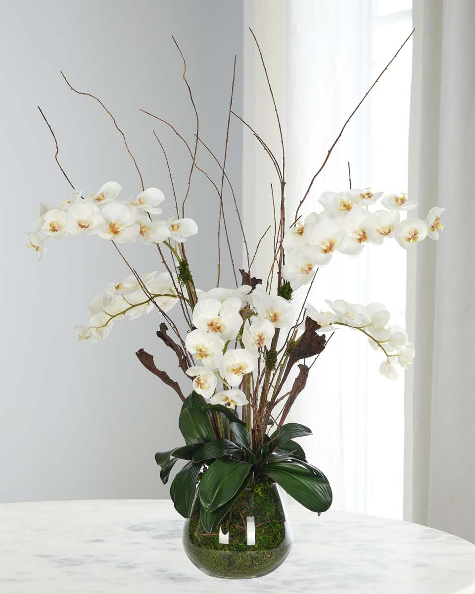 White Phalaneopsis Orchids 44" Faux Floral Arrangement in a Moss Glass Vase