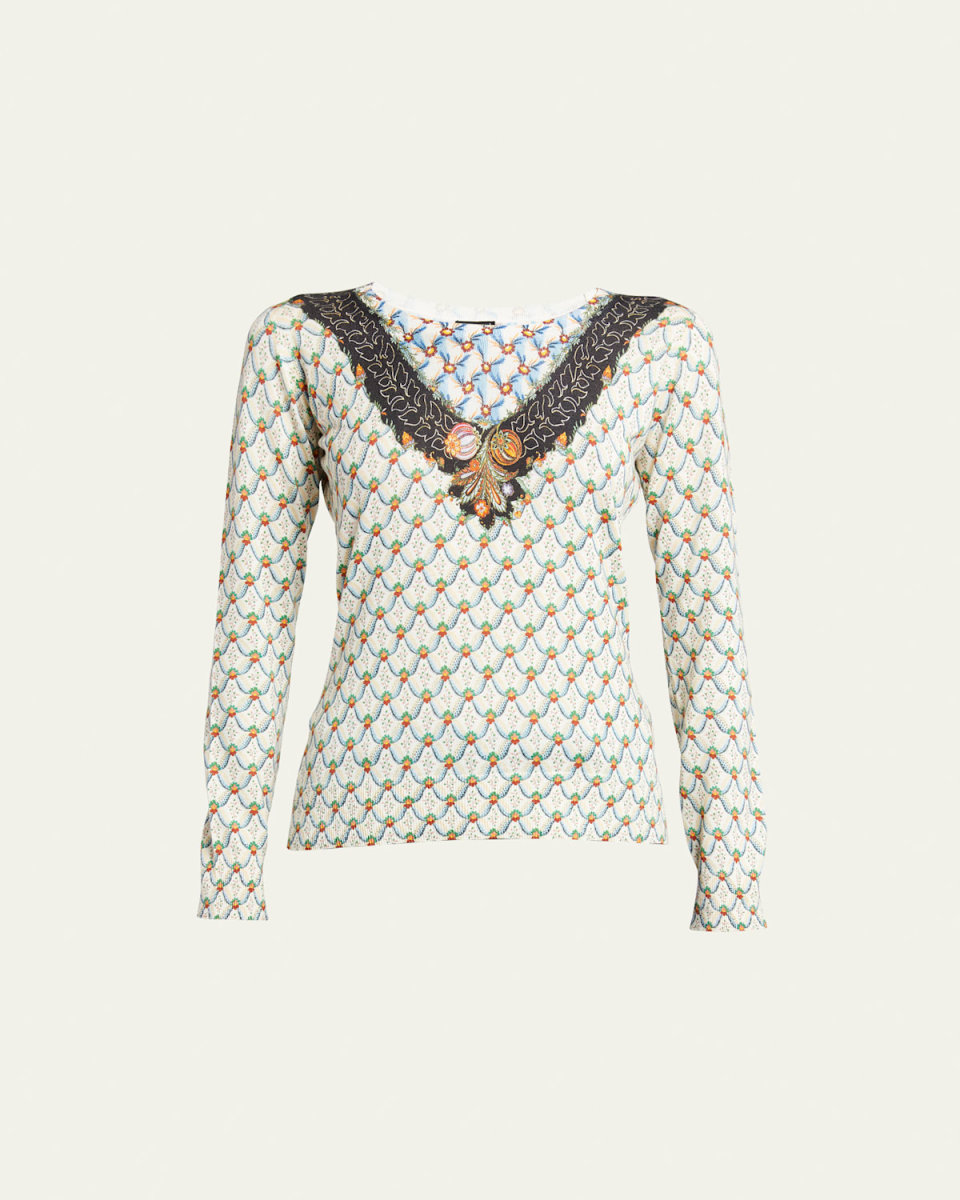 Cashmere-Blend Patterned Crewneck Top