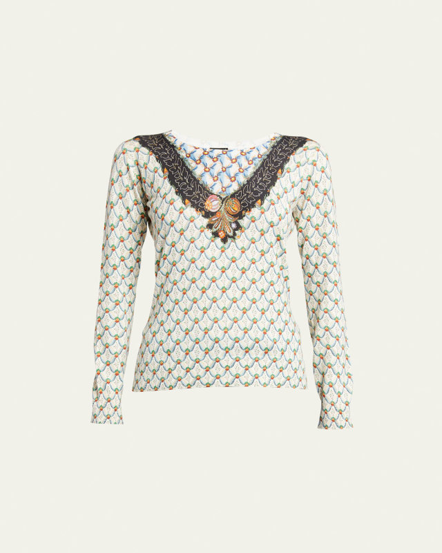 Cashmere-Blend Patterned Crewneck Top