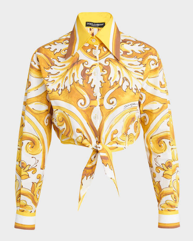 Maiolica Brocade Print Cropped Button-Front Shirt