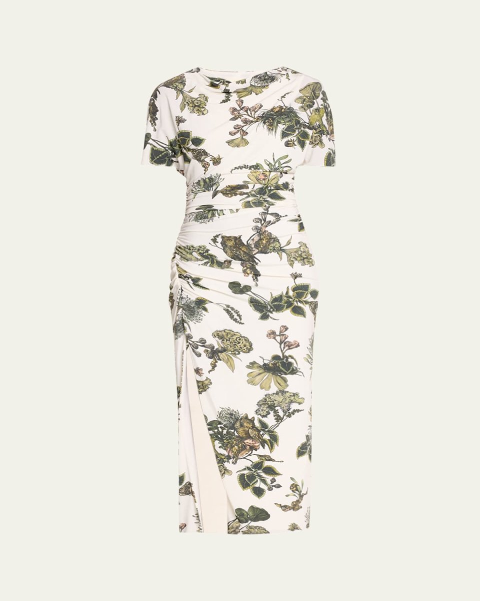 Floral Ruched Jersey Midi Dress with High Slit