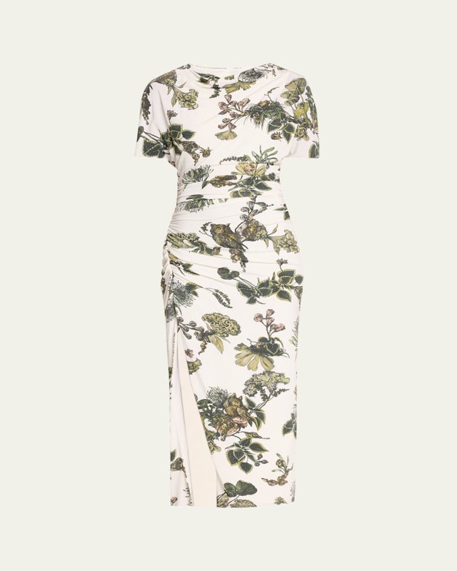 Floral Ruched Jersey Midi Dress with High Slit