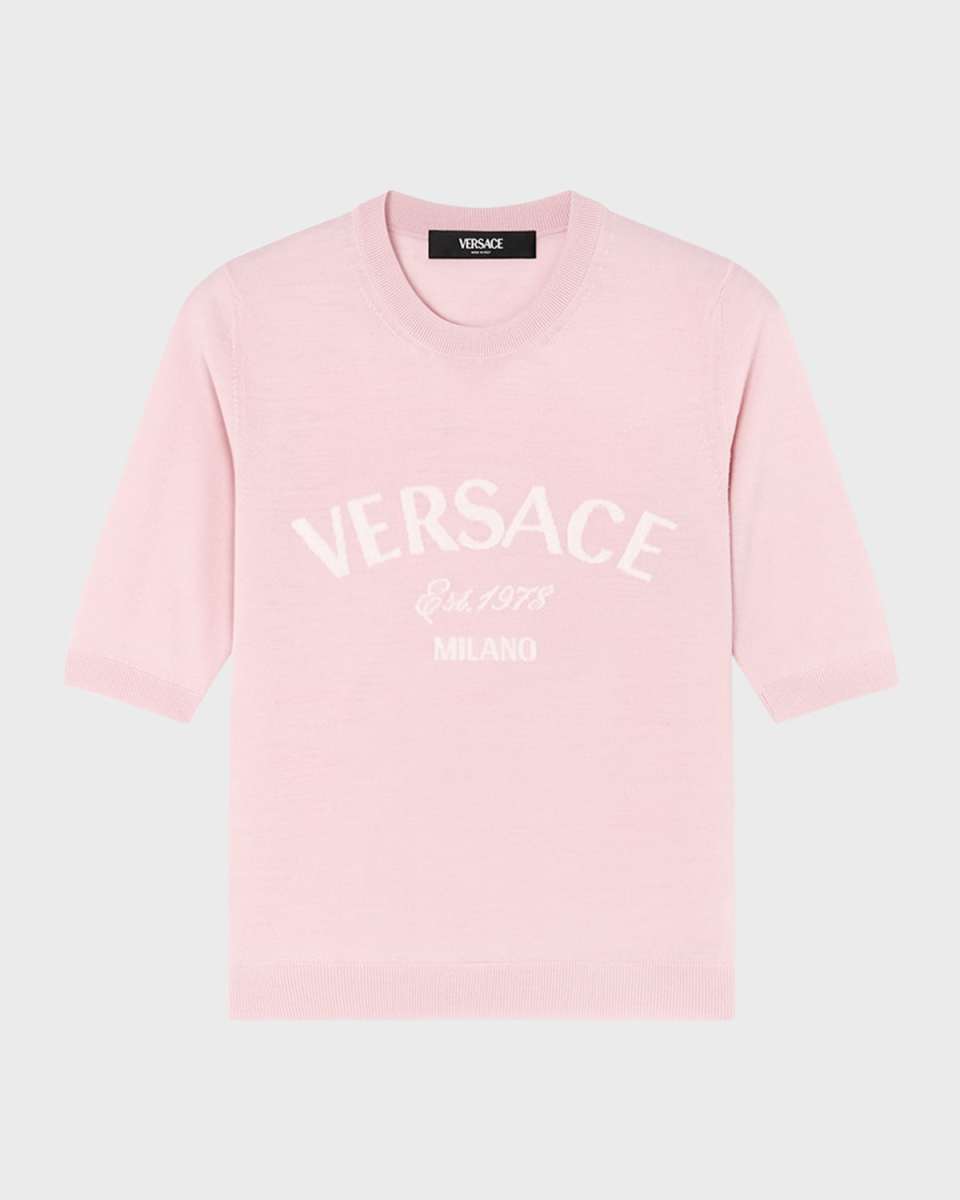 College Logo Knit Short-Sleeve Wool Sweater