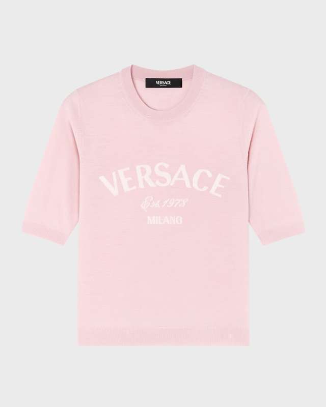 College Logo Knit Short-Sleeve Wool Sweater