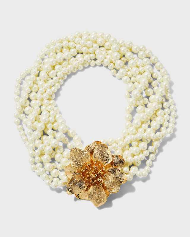 Gold Magnolia-Motif Pearly Necklace