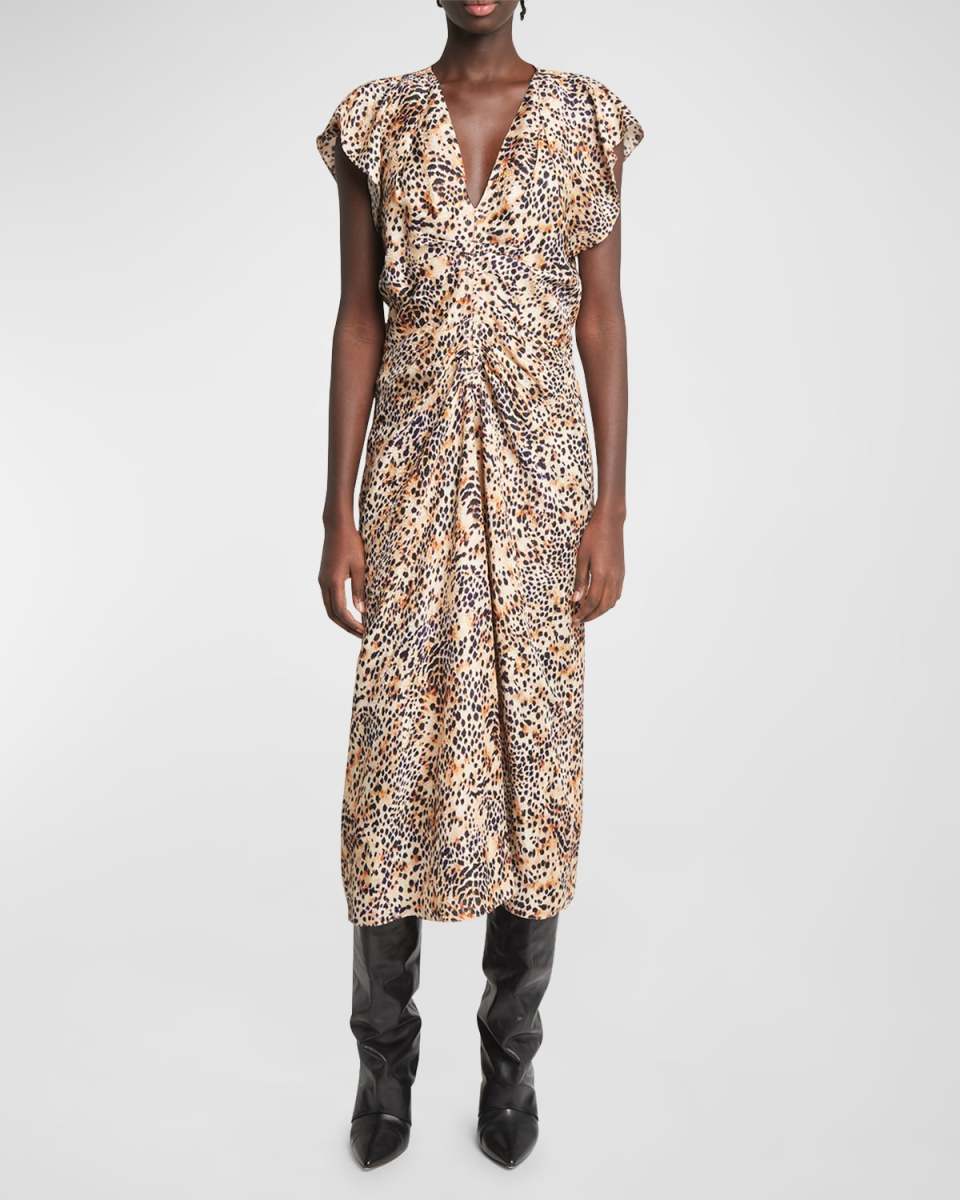 Lyndsay Printed Gathered Midi Silk Dress
