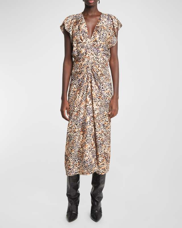 Lyndsay Printed Gathered Midi Silk Dress