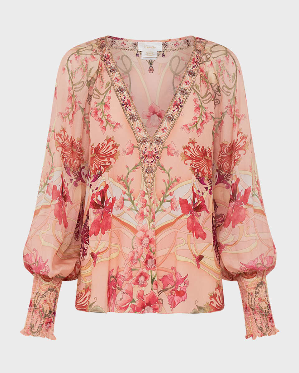 Shirred-Cuff Floral Silk Blous