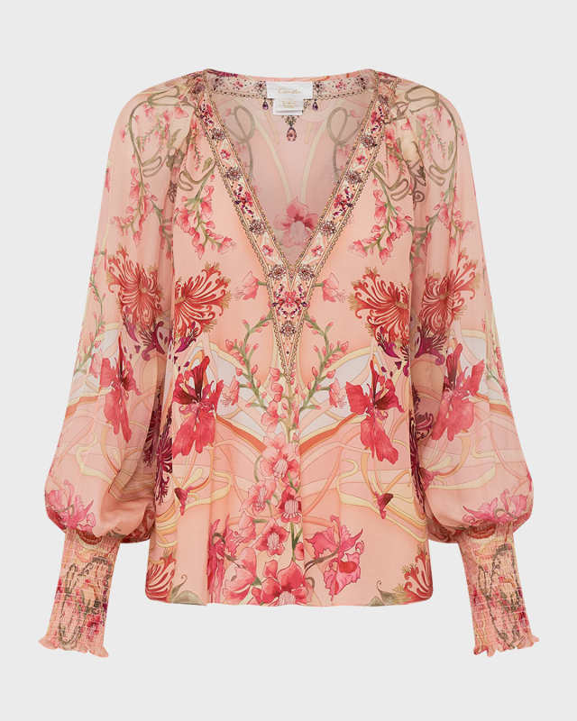 Shirred-Cuff Floral Silk Blous