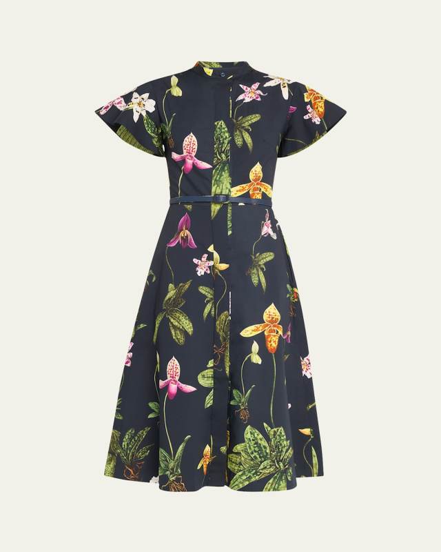 Orchid Print Fit-Flare Midi Poplin Dress