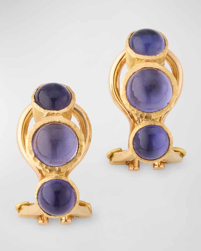 19K Yellow Gold Three Round Cabochon Iolite Earrings with Fold Down Posts