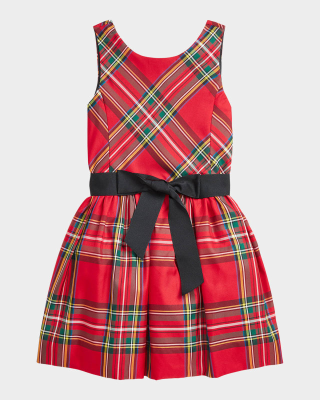Girl's Plaid-Print Festive Bow Dress, Size 7-16