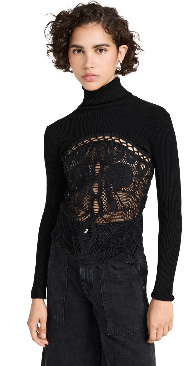 Sea Liesel Embroidery Long Sleeve Combo Top Black