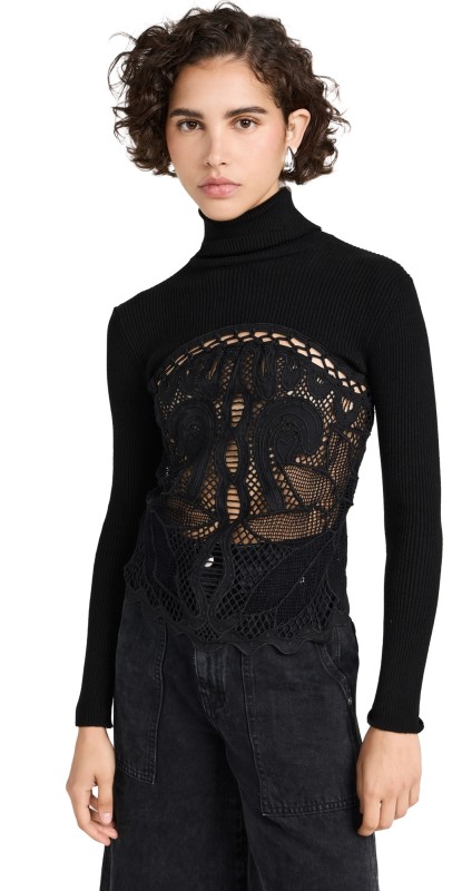 Sea Liesel Embroidery Long Sleeve Combo Top Black