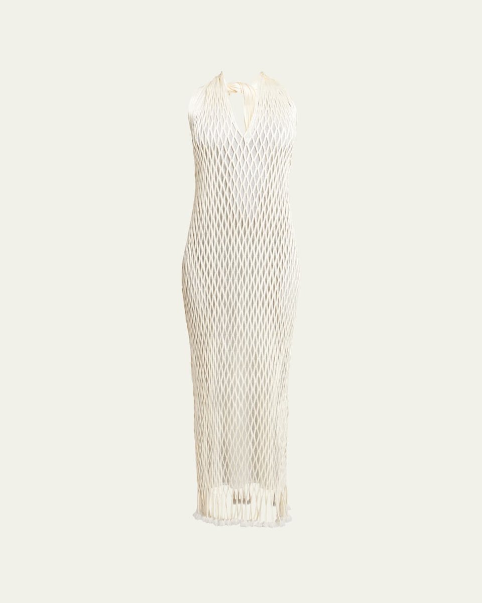 Zora Halter Satin Ribbon Mesh Fringe Dress