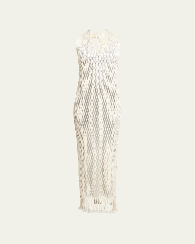 Zora Halter Satin Ribbon Mesh Fringe Dress