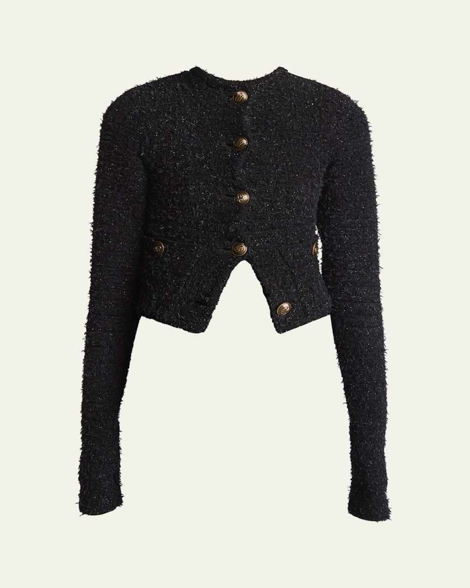Cropped Tweed Knit Cardigan with Logo Buttons