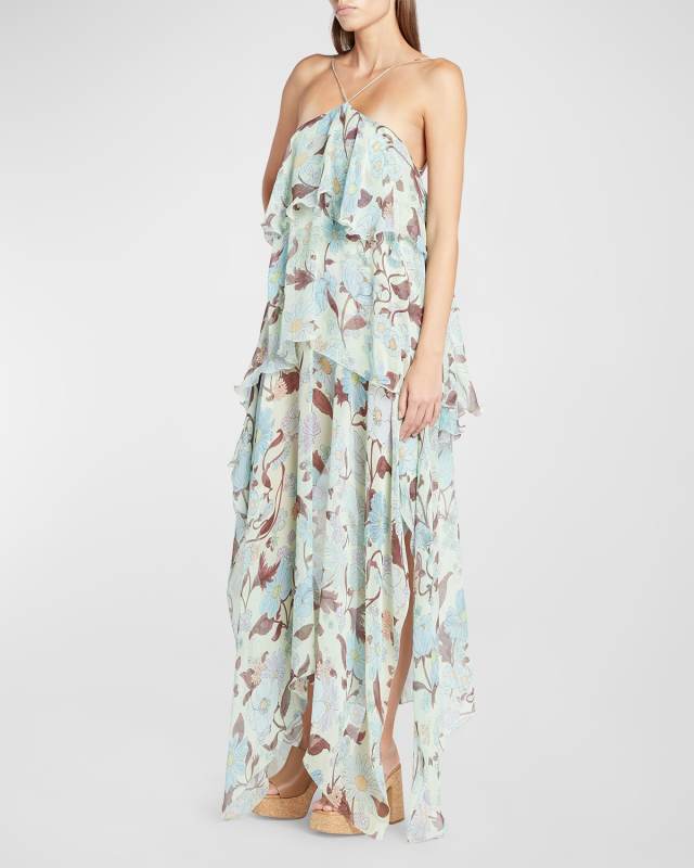 Garden Print Frill Asymmetric Dress