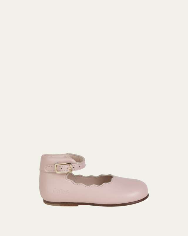 Girl's Scalloped Calf Leather Ballerina Flats, Baby/Toddlers