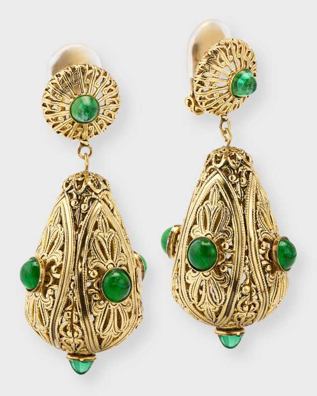 14K Antique Gold Plated Cabochon Stone Clip-On Drop Earrings