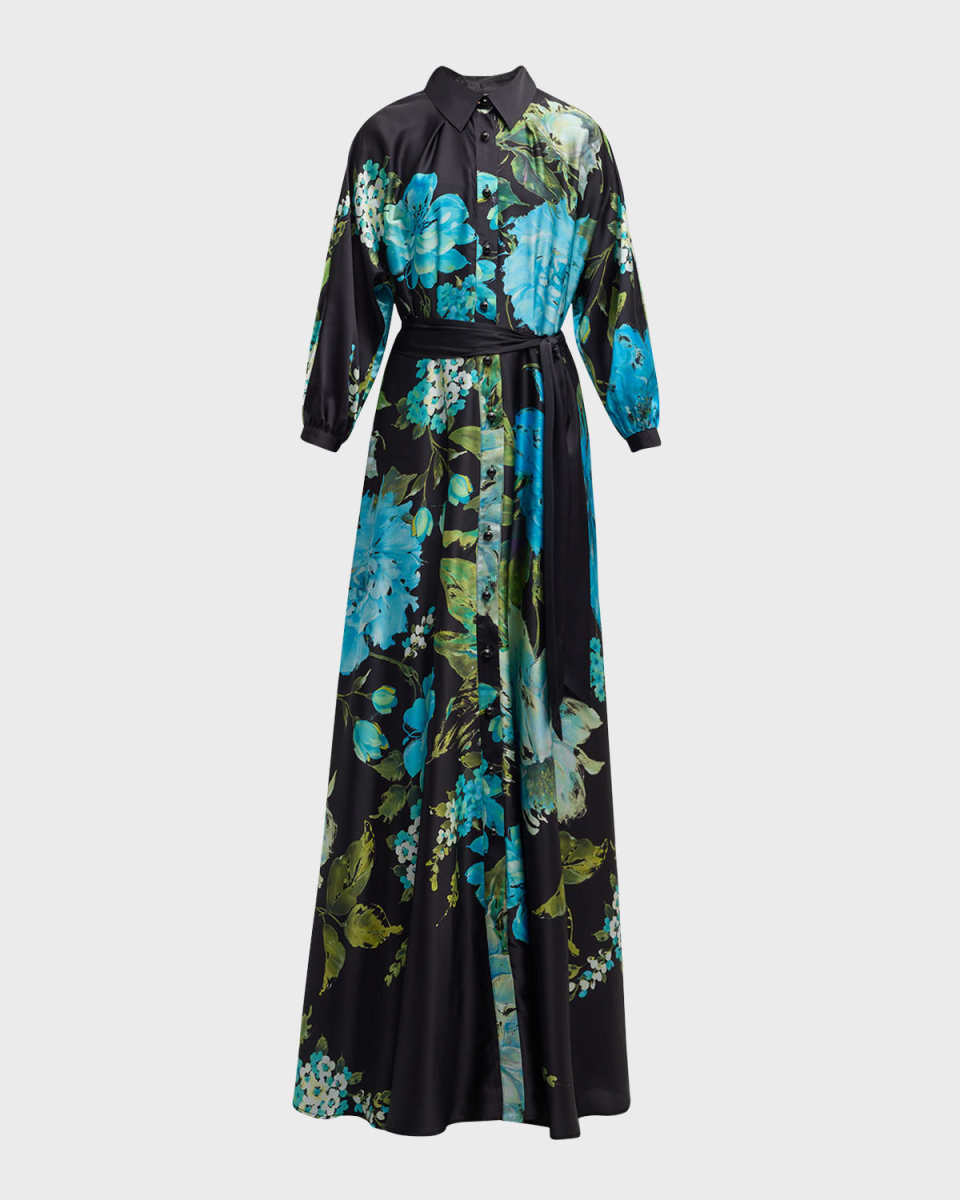 3/4-Sleeve Floral-Print Twill Shirt Gown