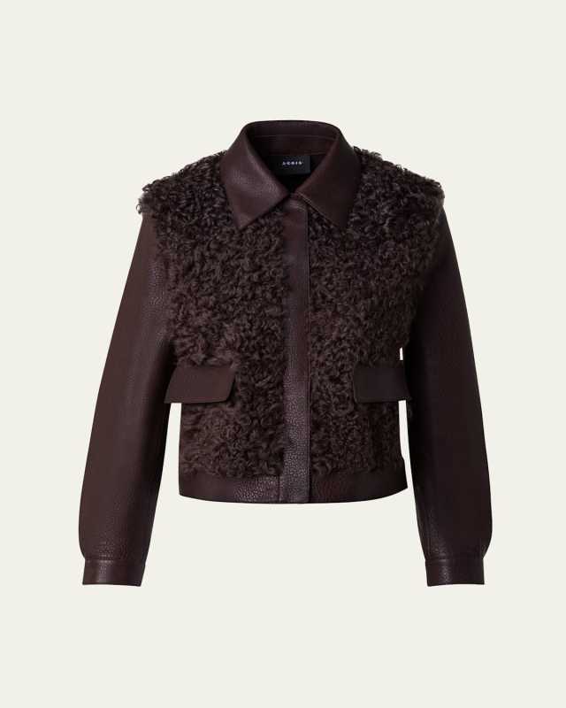Ylvi Leather Curly Shearling Panel Jacket