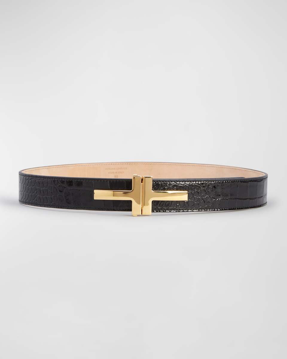 Double T Croc-Embossed Leather Belt