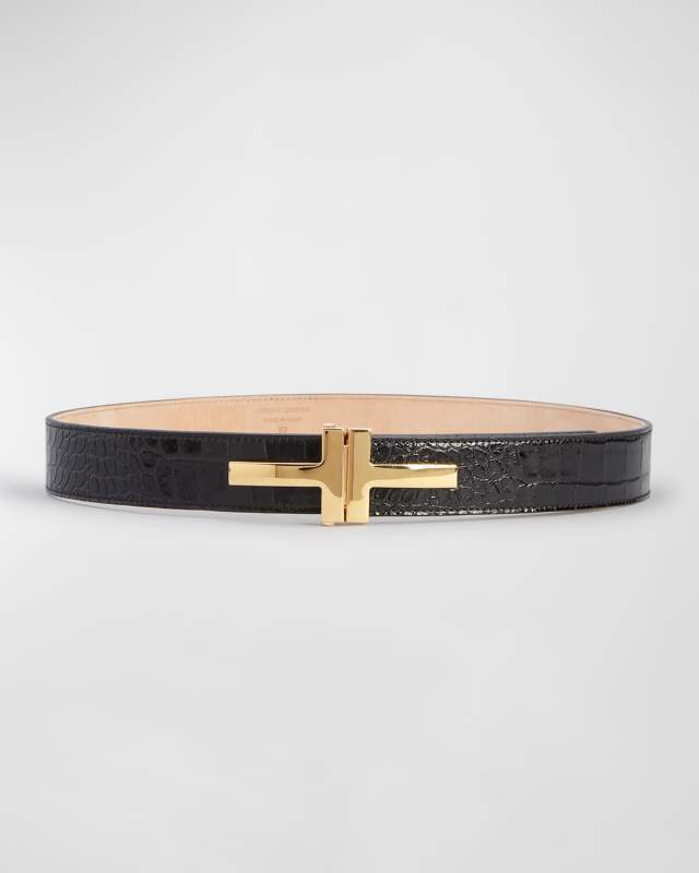 Double T Croc-Embossed Leather Belt