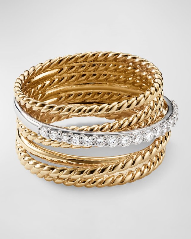 Crossover Wide Ring with Diamonds in Gold