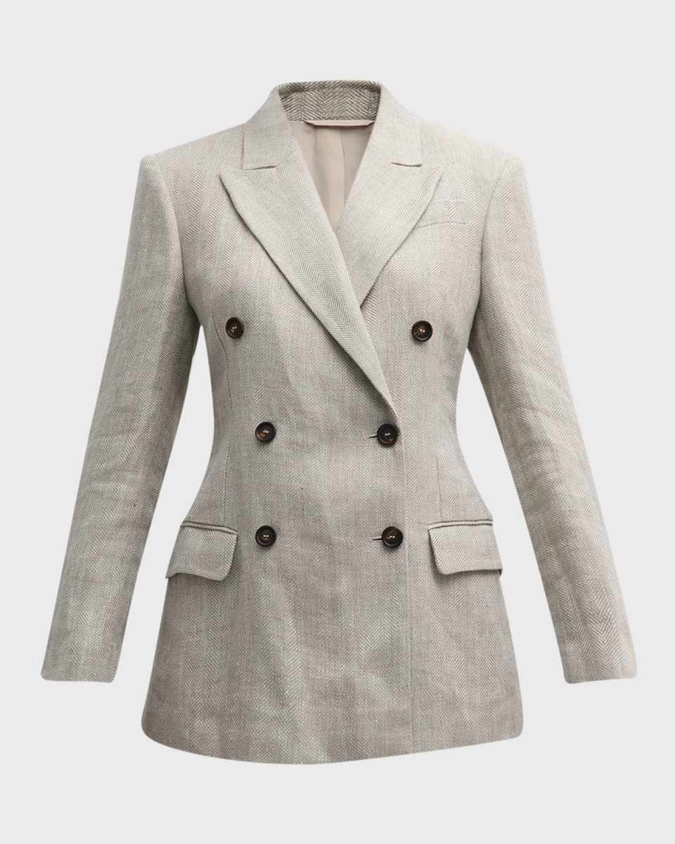 Metallic Linen Herringbone Double-Breasted Jacket