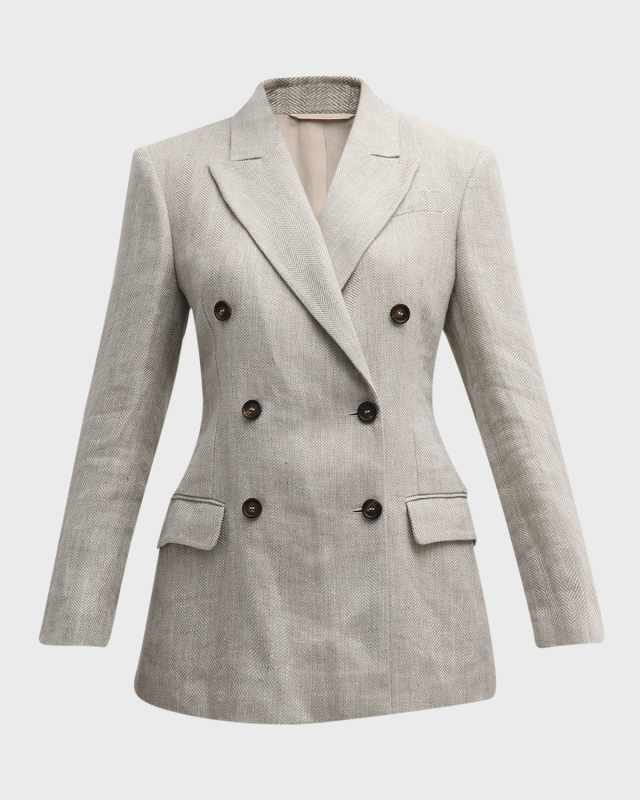 Metallic Linen Herringbone Double-Breasted Jacket