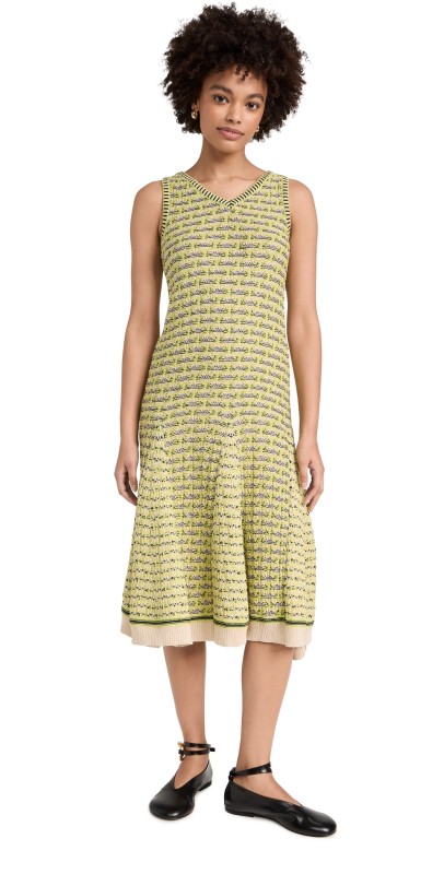 Wales Bonner Soar Godet Dress Green & Ivory