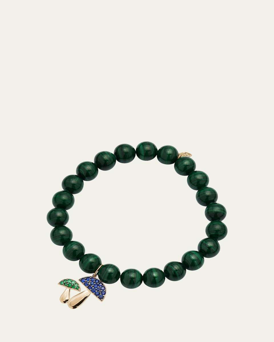 14k Gold Malachite Beaded Bracelet with Mushroom Charm