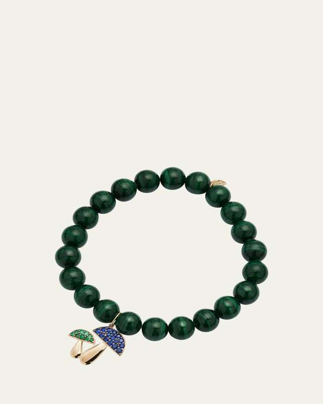 14k Gold Malachite Beaded Bracelet with Mushroom Charm