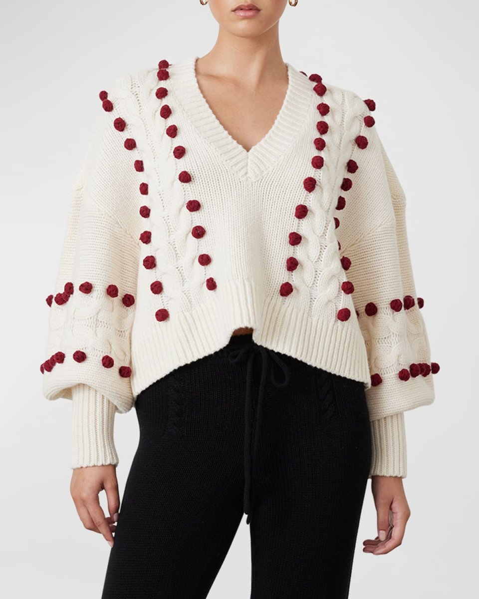 Elsa Cable-Knit Pompom Wool Sweater