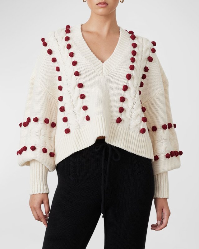 Elsa Cable-Knit Pompom Wool Sweater