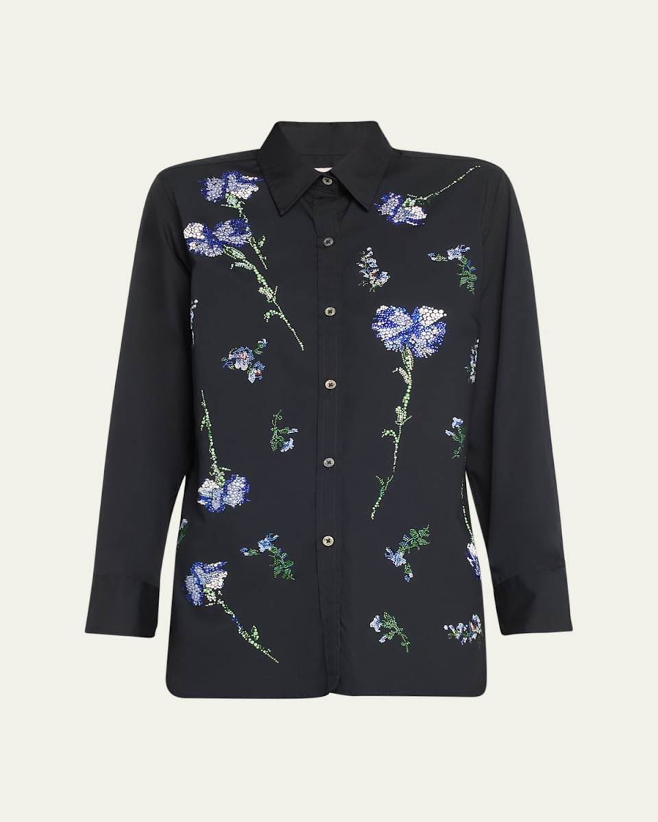 Cecil Beaton Button-Front Shirt with Blue Carnation Crystal Detai