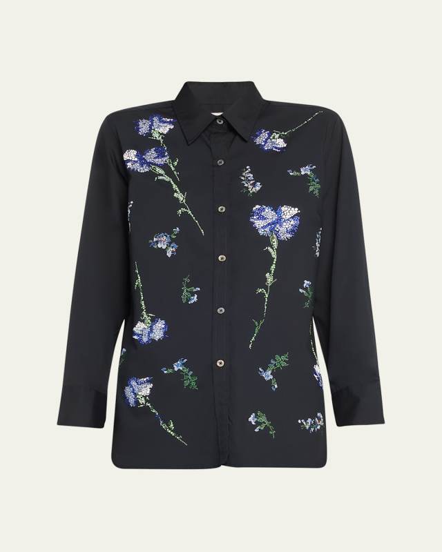 Cecil Beaton Button-Front Shirt with Blue Carnation Crystal Detai