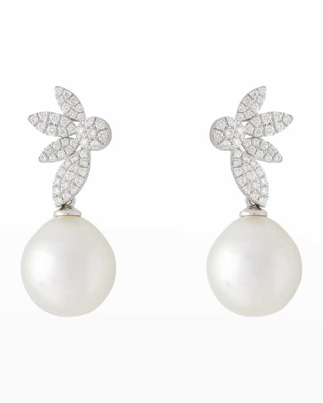 18K White Gold 11mm South Sea Pearl and Diamond Flower Leaf Earrings