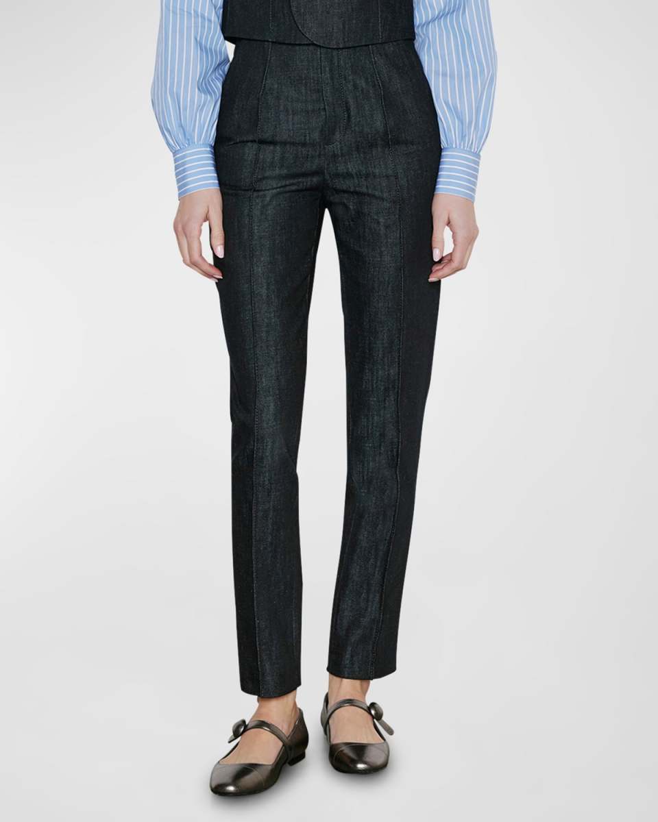 Mid-Rise Pintuck Slim-Leg Ankle Denim Pants