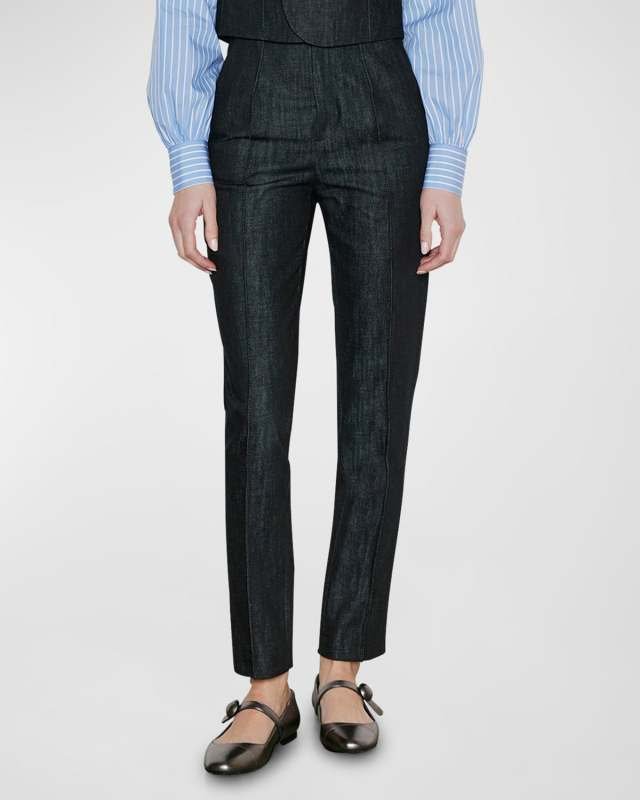 Mid-Rise Pintuck Slim-Leg Ankle Denim Pants