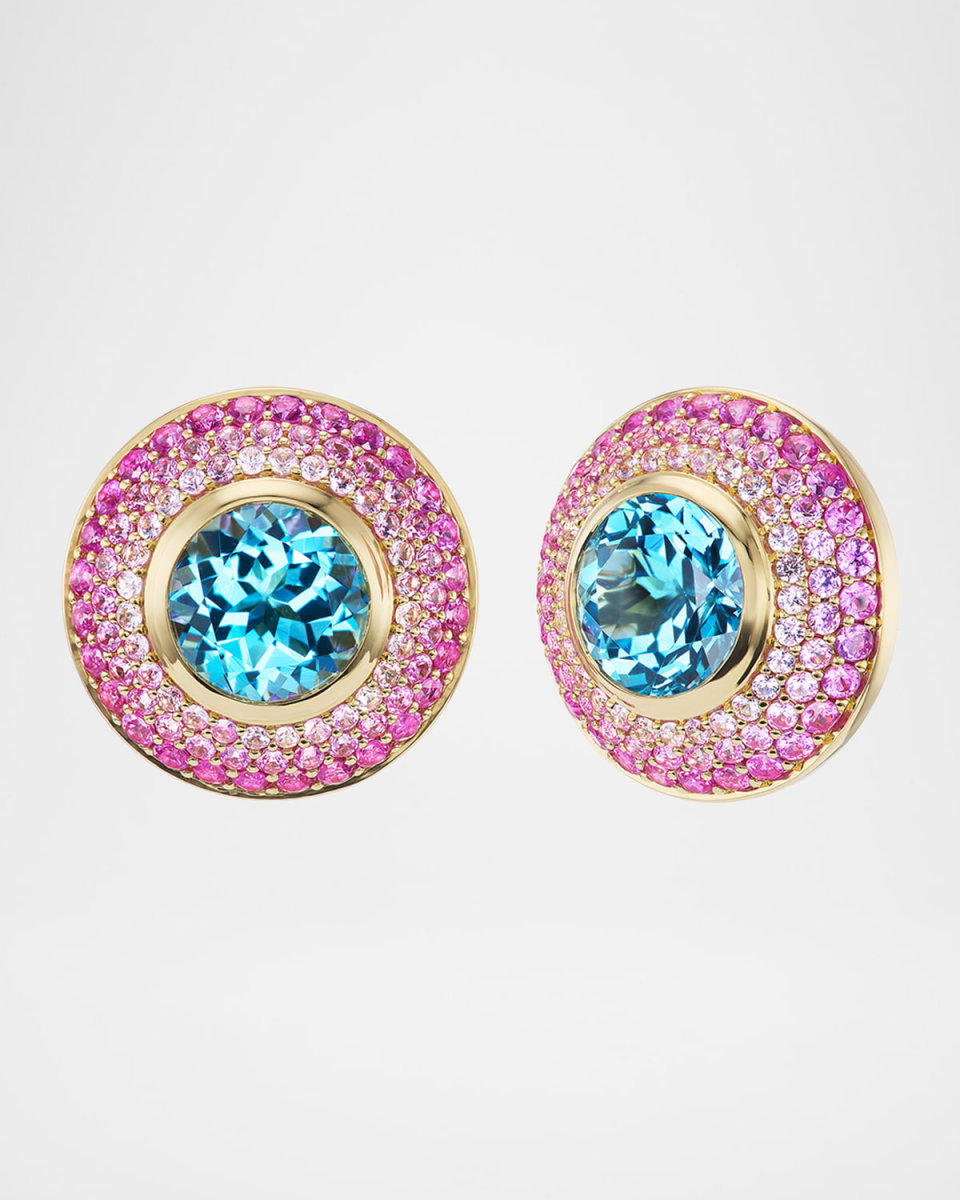Ombre Sapphire and Topaz Button Stud Earrings in 18K Yellow Gold