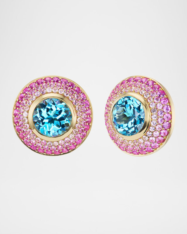 Ombre Sapphire and Topaz Button Stud Earrings in 18K Yellow Gold