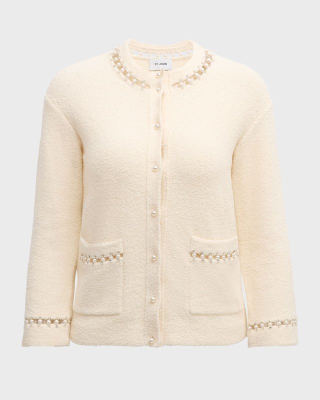 Crystal Embellished Micro Boucle Stretch Knit Cardigan