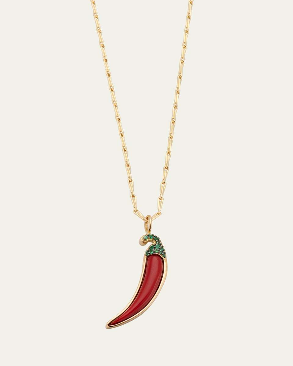 18K Yellow Gold Coral Chili Pepper Pendant with Emeralds