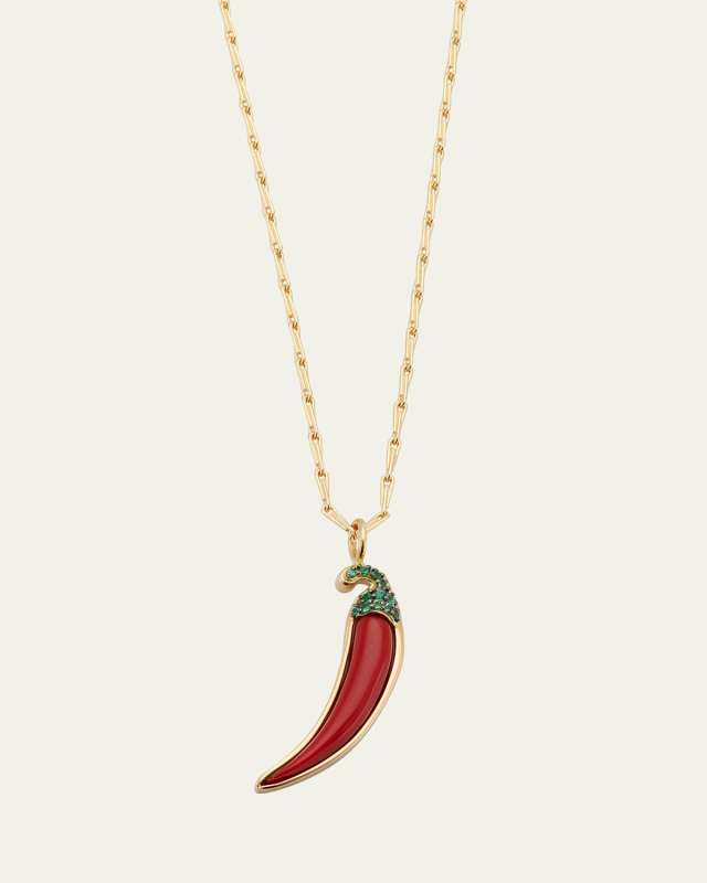 18K Yellow Gold Coral Chili Pepper Pendant with Emeralds