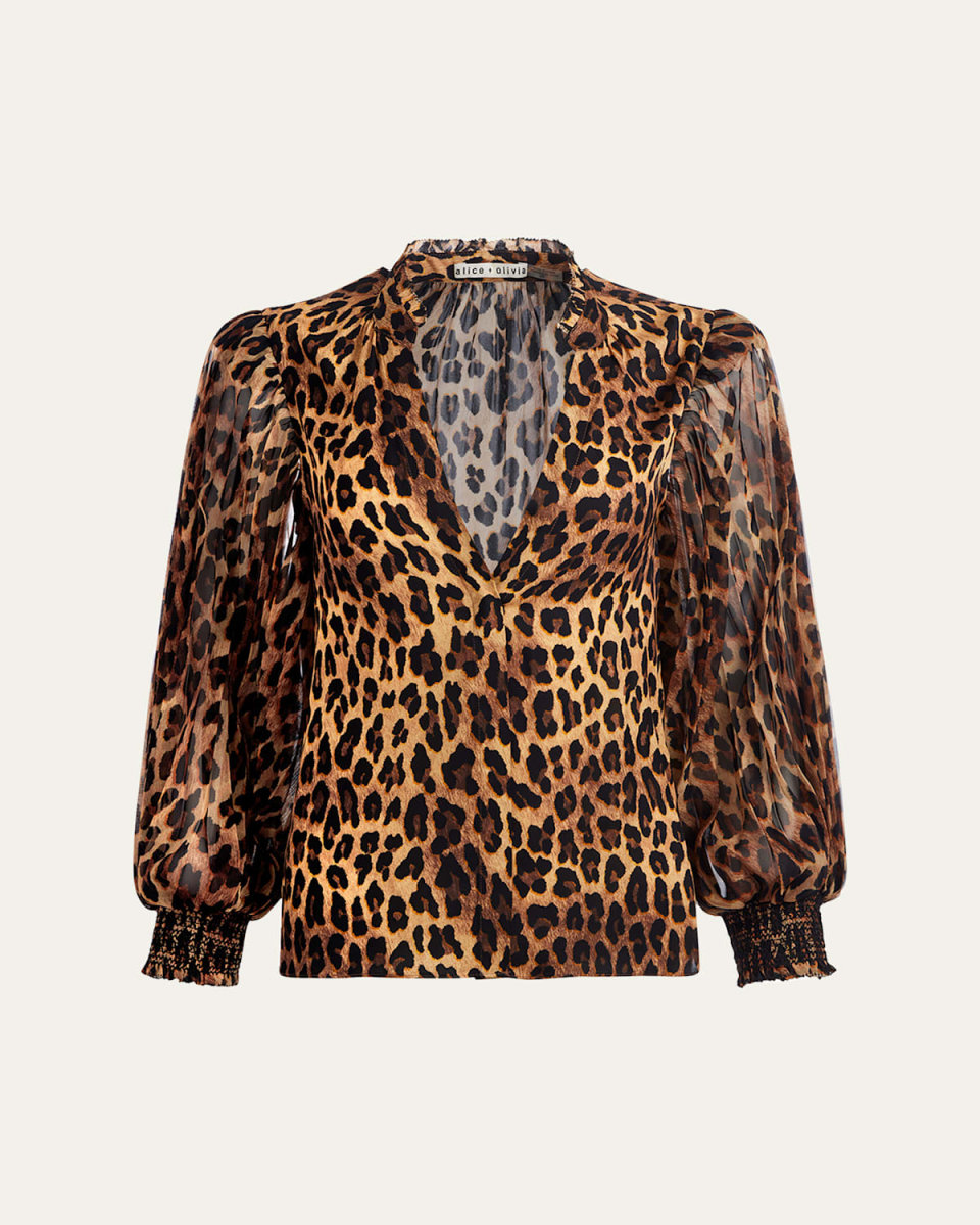 Ilan Leopard Pleated Blouson-Sleeve Blouse